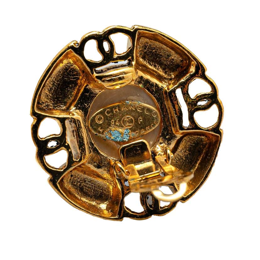 Chanel Gold Plated CC Faux Pearl Clip on Earrings Gold Metal Good condition - Inside View
