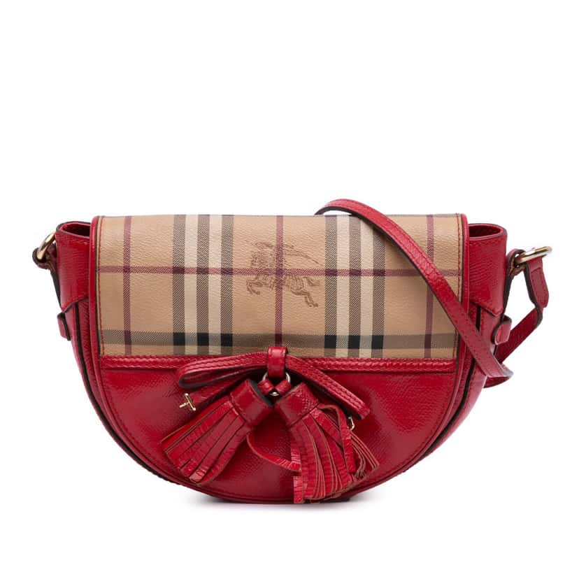 Burberry Patent Leather and Haymarket Check Coated Canvas Maydown Crossbody Red Leather Good condition - Front View