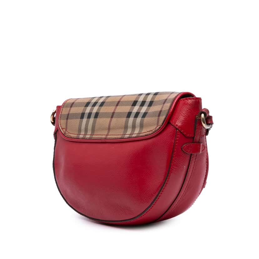 Burberry Patent Leather and Haymarket Check Coated Canvas Maydown Crossbody Red Leather Good condition - Back View
