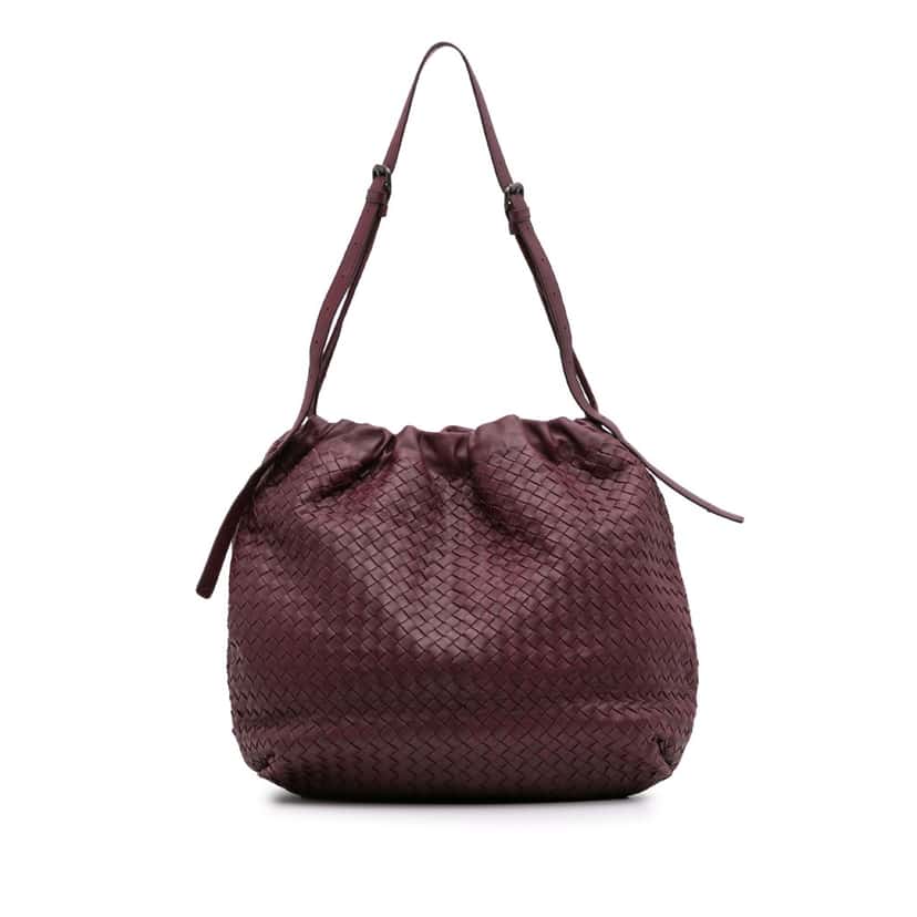 Bottega Veneta Nappa Intrecciato Drawstring Shoulder Bag Red Leather Good condition - Front View