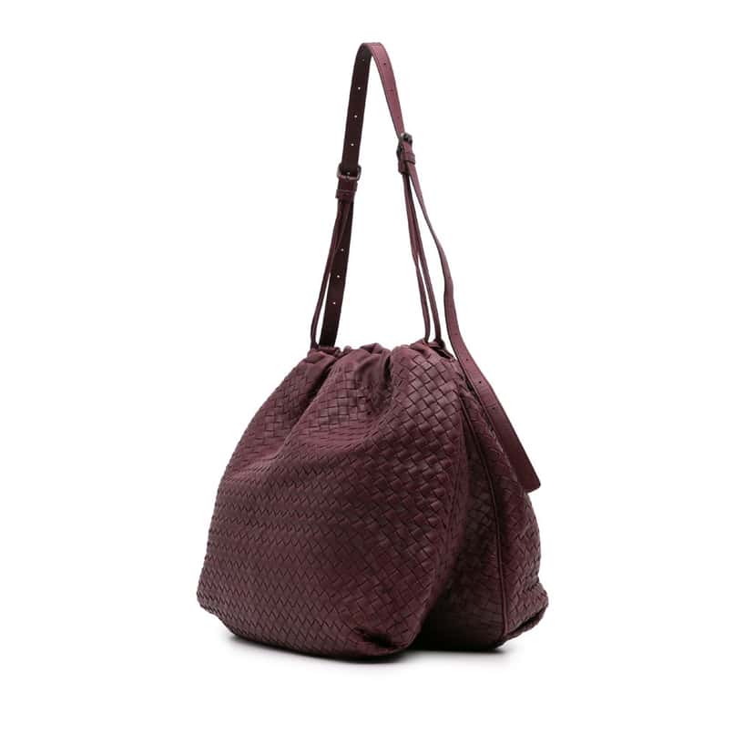 Bottega Veneta Nappa Intrecciato Drawstring Shoulder Bag Red Leather Good condition - Back View