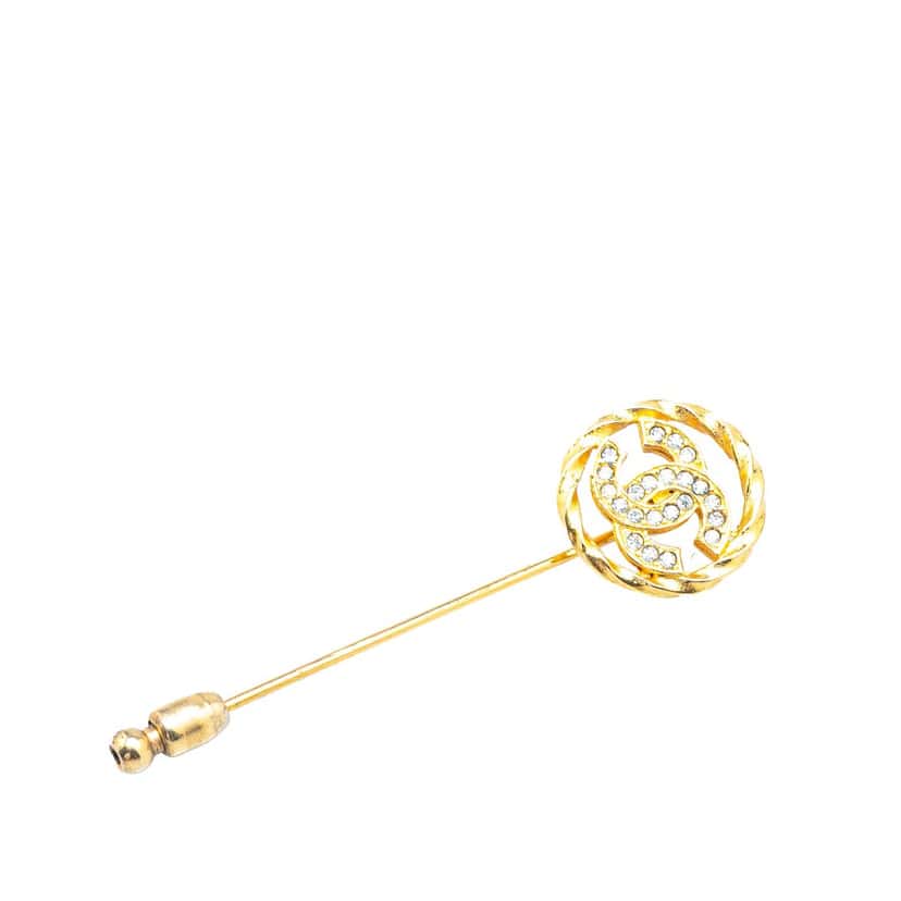 Chanel Gold Plated CC Crystal Brooch Pin Gold Metal Good condition - Front View