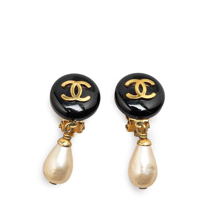 Chanel Gold Plated CC Faux Pearl Swing Clip On Earrings Gold Metal Good condition - Front View