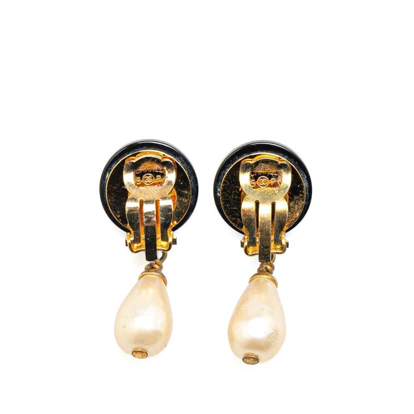 Chanel Gold Plated CC Faux Pearl Swing Clip On Earrings Gold Metal Good condition - Back View