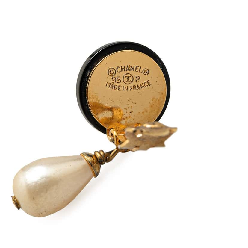 Chanel Gold Plated CC Faux Pearl Swing Clip On Earrings Gold Metal Good condition - Inside View