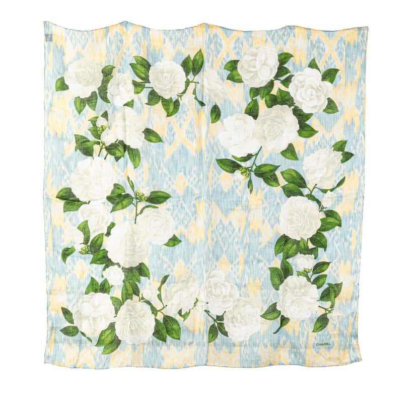 Chanel Camellia Printed Linen Scarf Blue Good condition - Front View