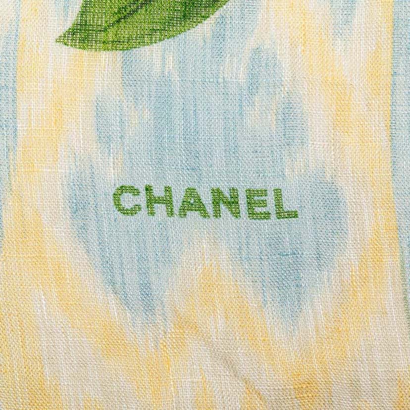 Chanel Camellia Printed Linen Scarf Blue Good condition - Back View