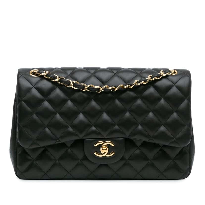 Chanel Jumbo Classic Lambskin Double Flap Black Leather Fair condition - Front View