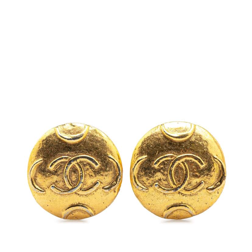 Chanel Gold Plated CC Round Clip on Earrings Gold Metal Good condition - Front View