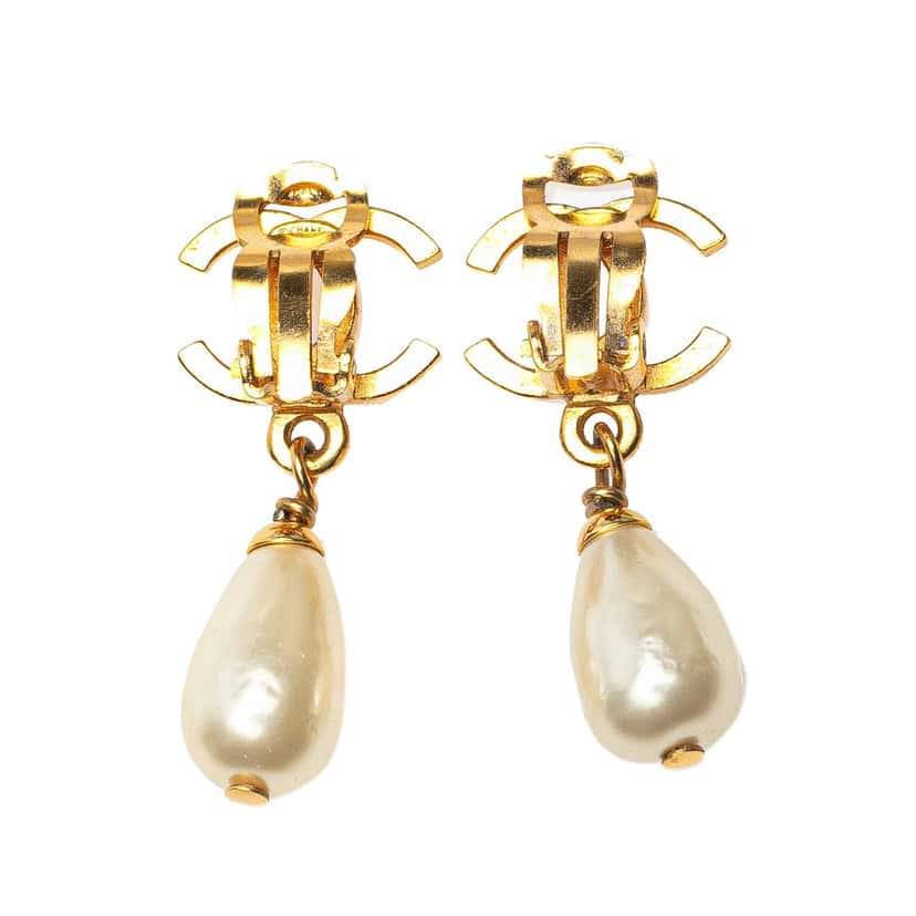 Chanel Gold Plated CC Faux Pearl Drop Clip on Earrings Gold Metal Good condition - Back View