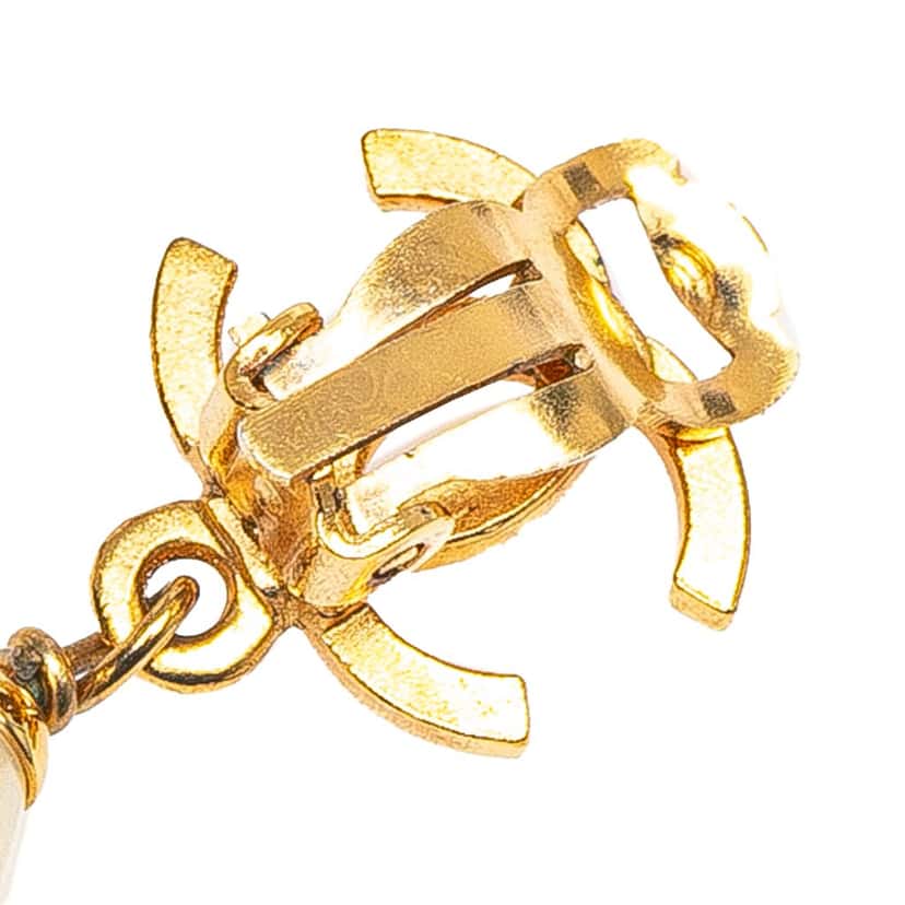 Chanel Gold Plated CC Faux Pearl Drop Clip on Earrings Gold Metal Good condition - Inside View
