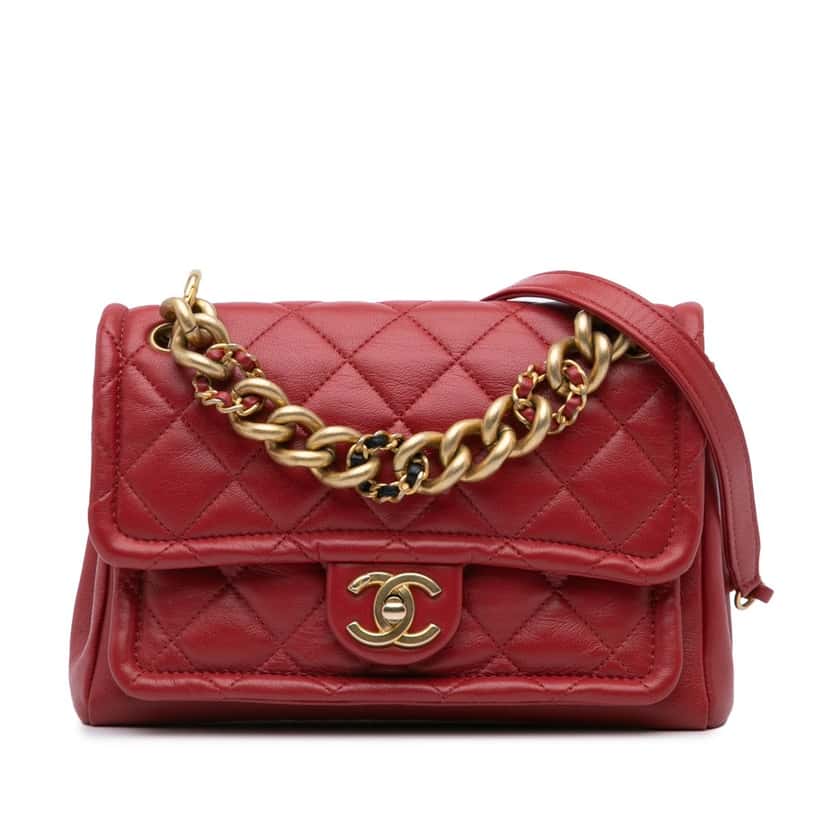 Chanel Small Quilted Lambskin Chain Link Flap Red Leather Good condition - Front View