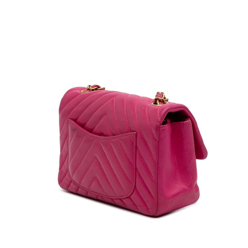 Chanel Mini Rectangular Classic Chevron Lambskin Single Flap Pink Leather Very good condition - Back View