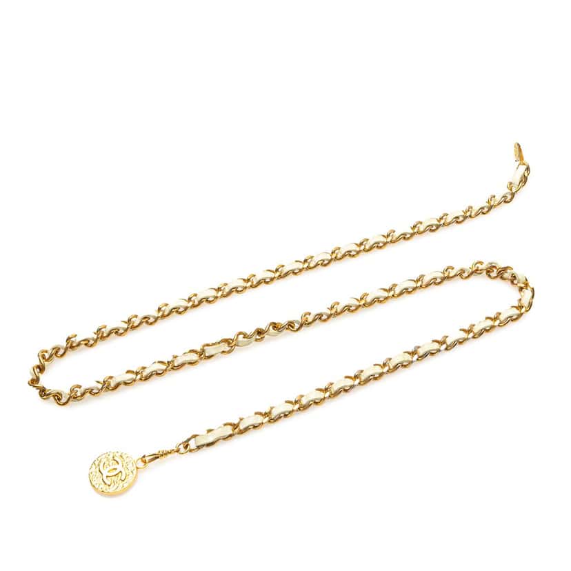 Chanel Gold Plated Medallion Leather Woven Chain Belt Gold Metal Good condition - Front View