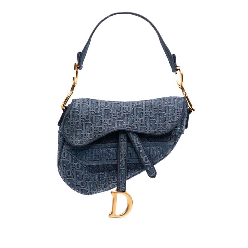 Dior Oblique Denim Embroidered Saddle Bag Blue Denim Good condition - Front View