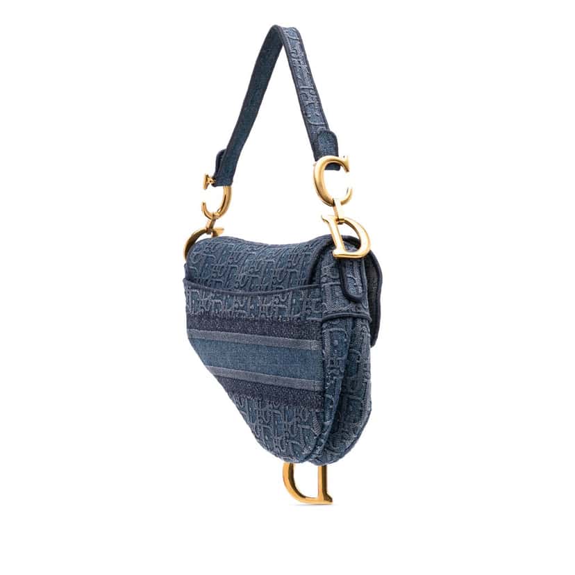 Dior Oblique Denim Embroidered Saddle Bag Blue Denim Good condition - Back View