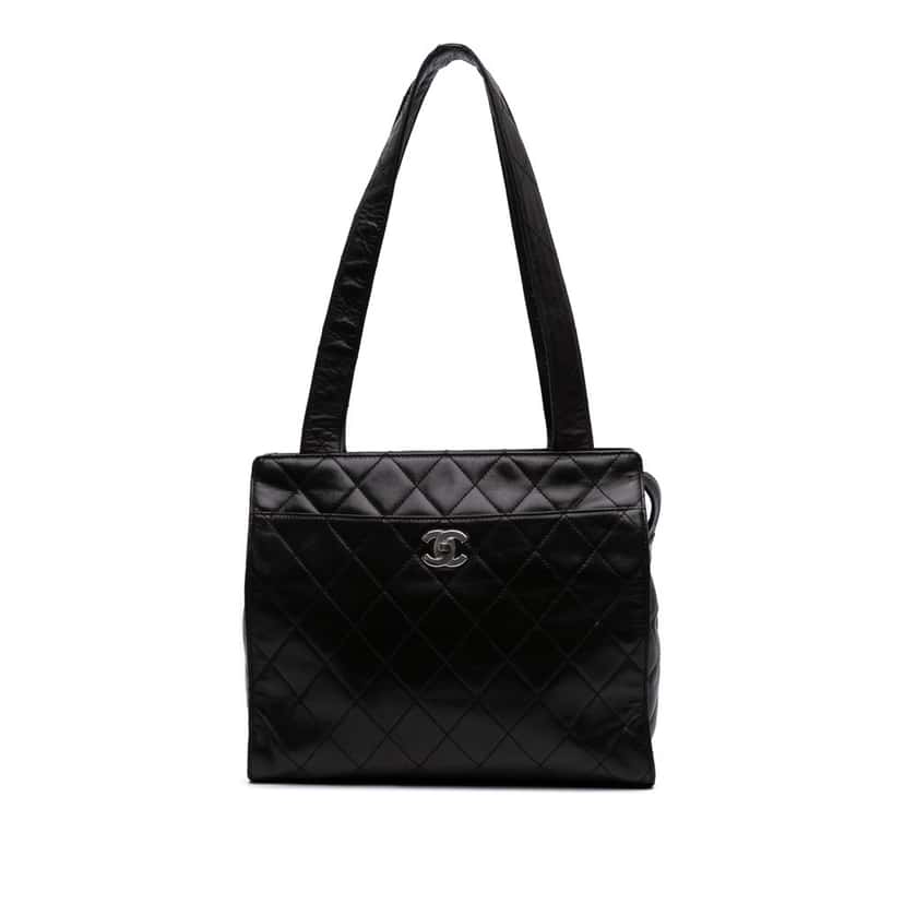 Chanel CC Quilted Lambskin Shoulder Bag Black Leather Good condition - Front View