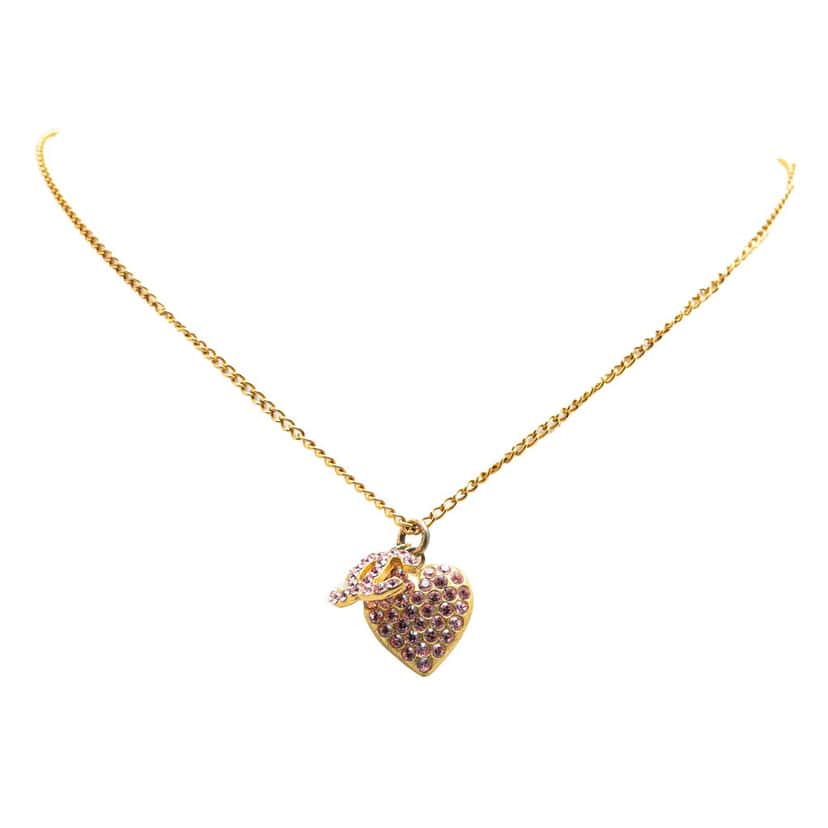 Chanel Gold Plated Rhinestone CC Heart Pendant Necklace Gold Metal Good condition - Front View