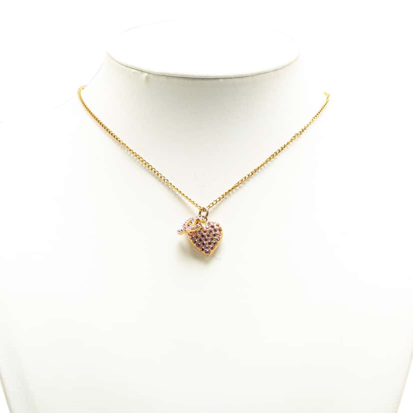 Chanel Gold Plated Rhinestone CC Heart Pendant Necklace Gold Metal Good condition - Model View
