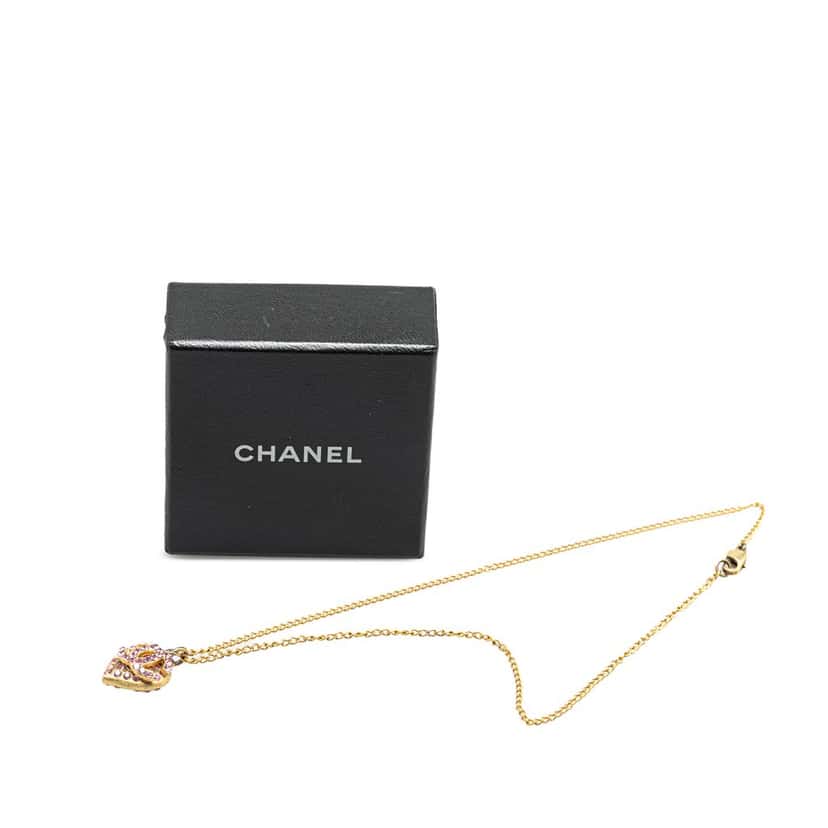 Chanel Gold Plated Rhinestone CC Heart Pendant Necklace Gold Metal Good condition - Box View