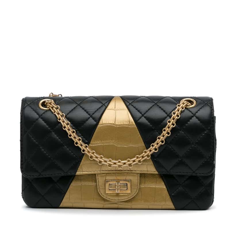 Chanel Medium Croc Embossed Lambskin 2.55 Reissue Double Flap Bag Black Leather Good condition - Front View