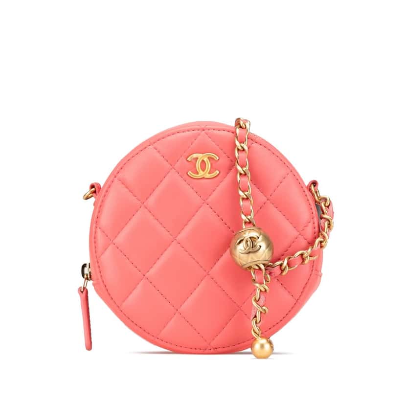 Chanel CC Quilted Lambskin Pearl Crush Round Clutch with Chain Pink Leather Good condition - Front View