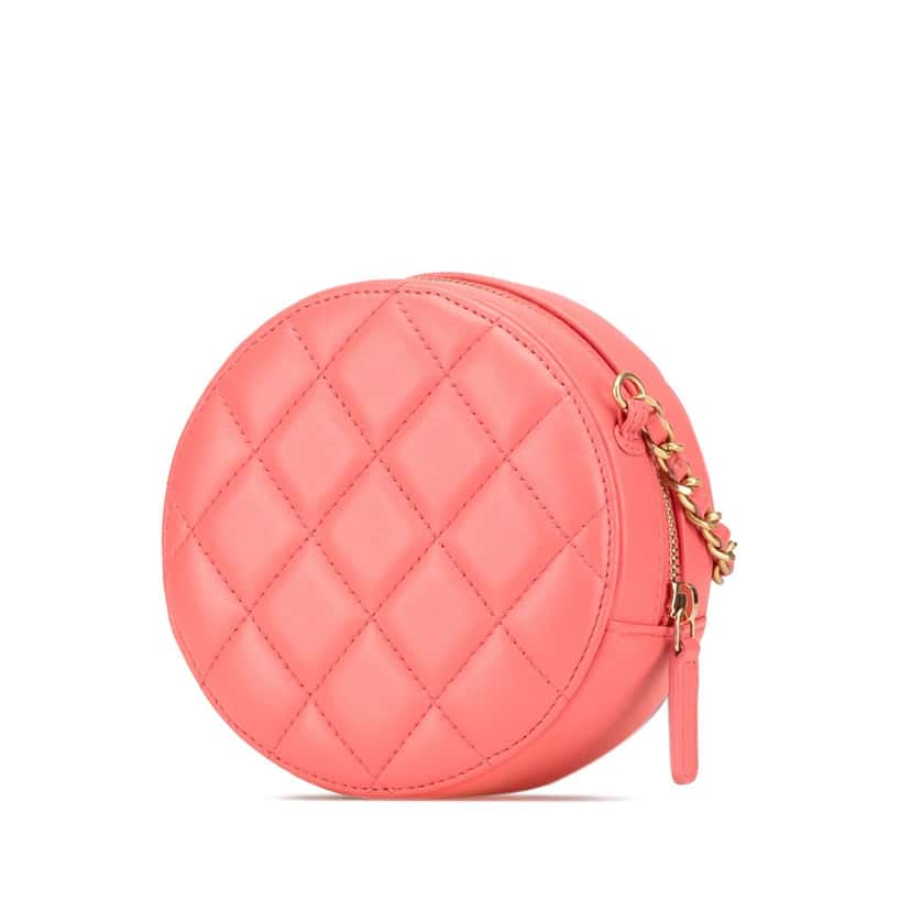 Chanel CC Quilted Lambskin Pearl Crush Round Clutch with Chain Pink Leather Good condition - Back View