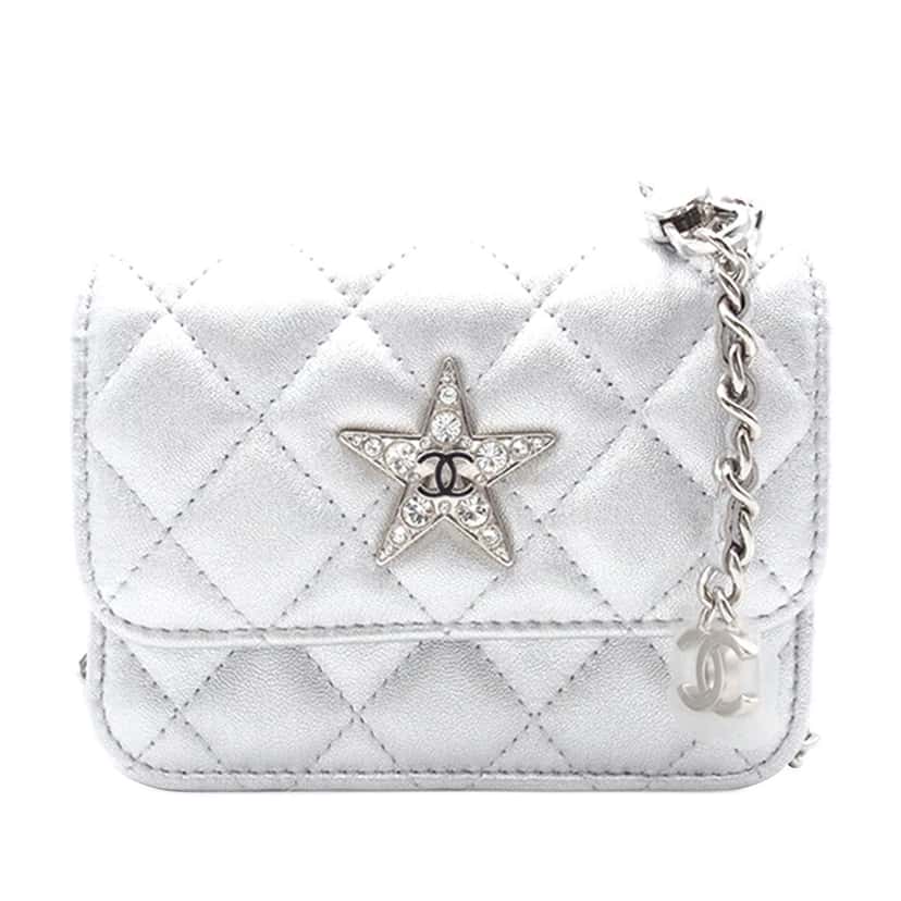Chanel Metallic Lambskin Crystal Star Chain Belt Bag Silver Leather Good condition - Front View