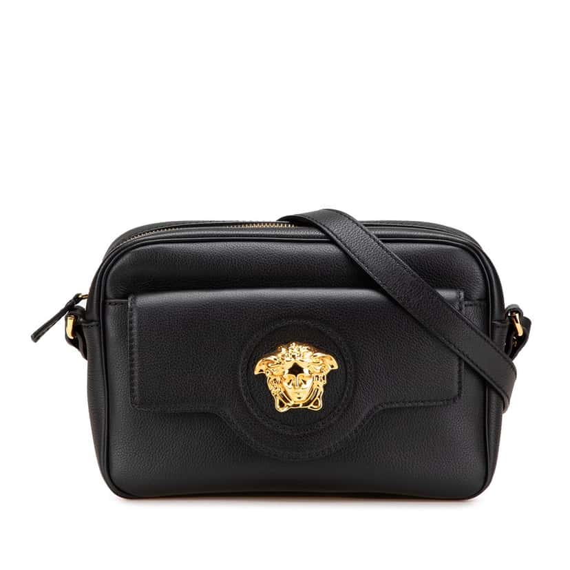 Versace Grained Calfskin La Medusa Crossbody Black Leather Good condition - Front View