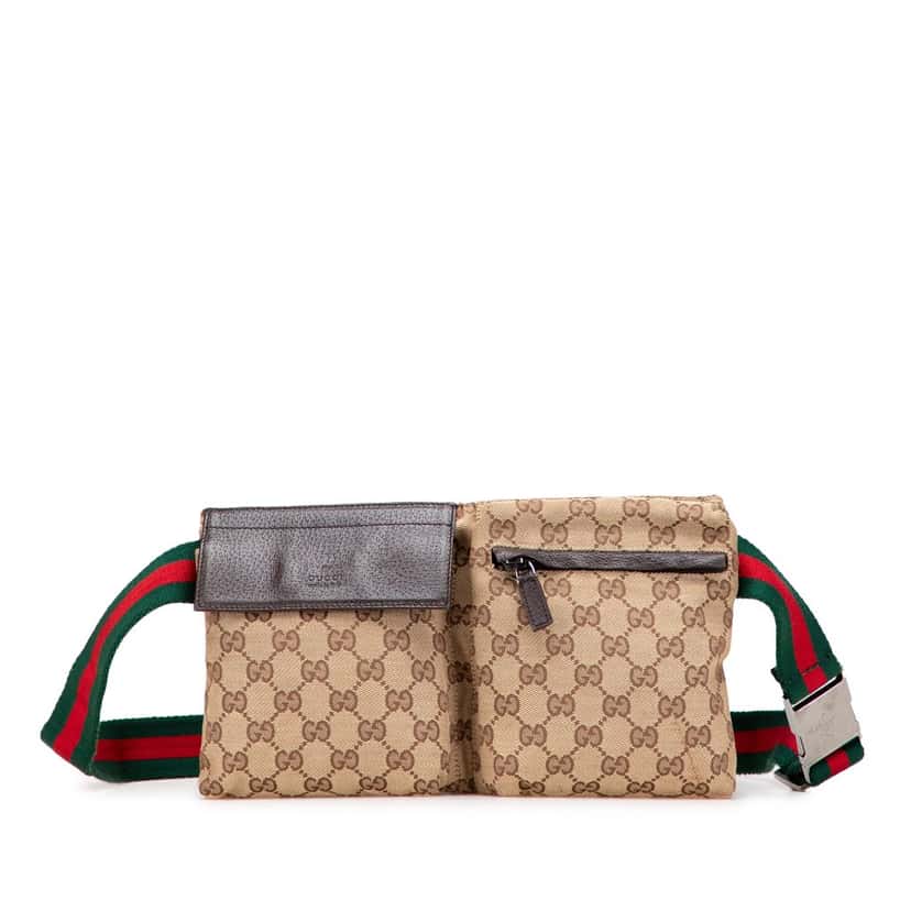 Gucci GG Canvas Web Double Pocket Belt Bag Brown Canvas Good condition - Front View