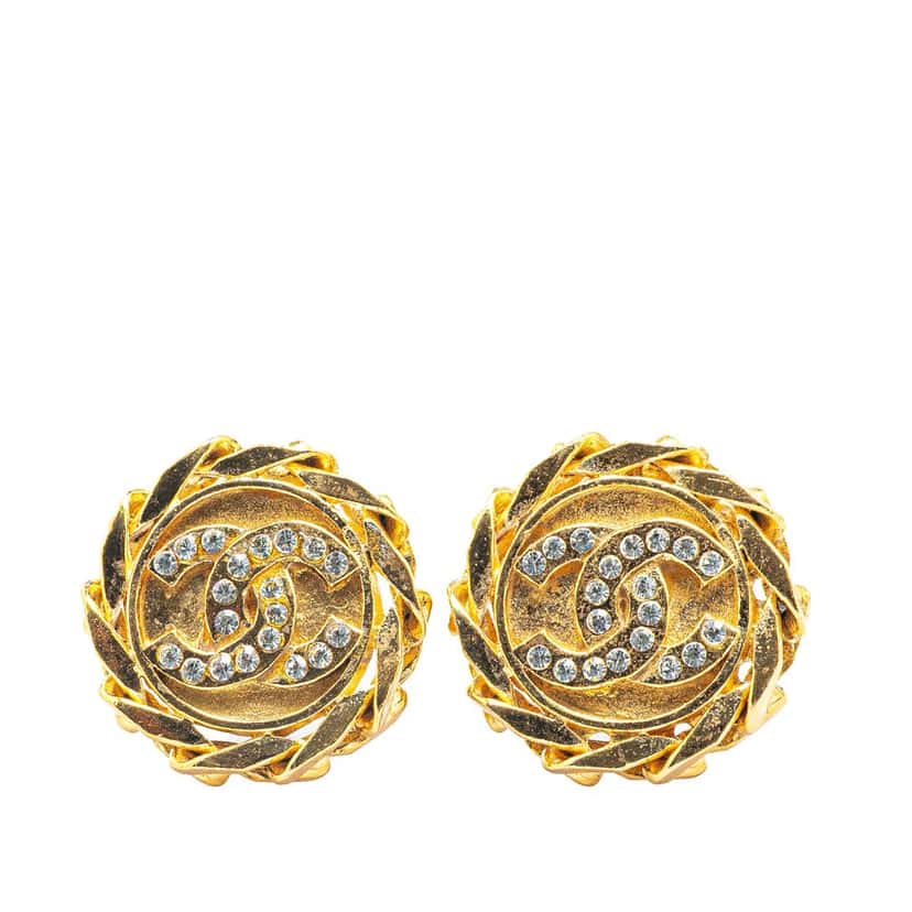 Chanel Gold Plated CC Crystal Clip On Earrings Gold Metal Good condition - Front View