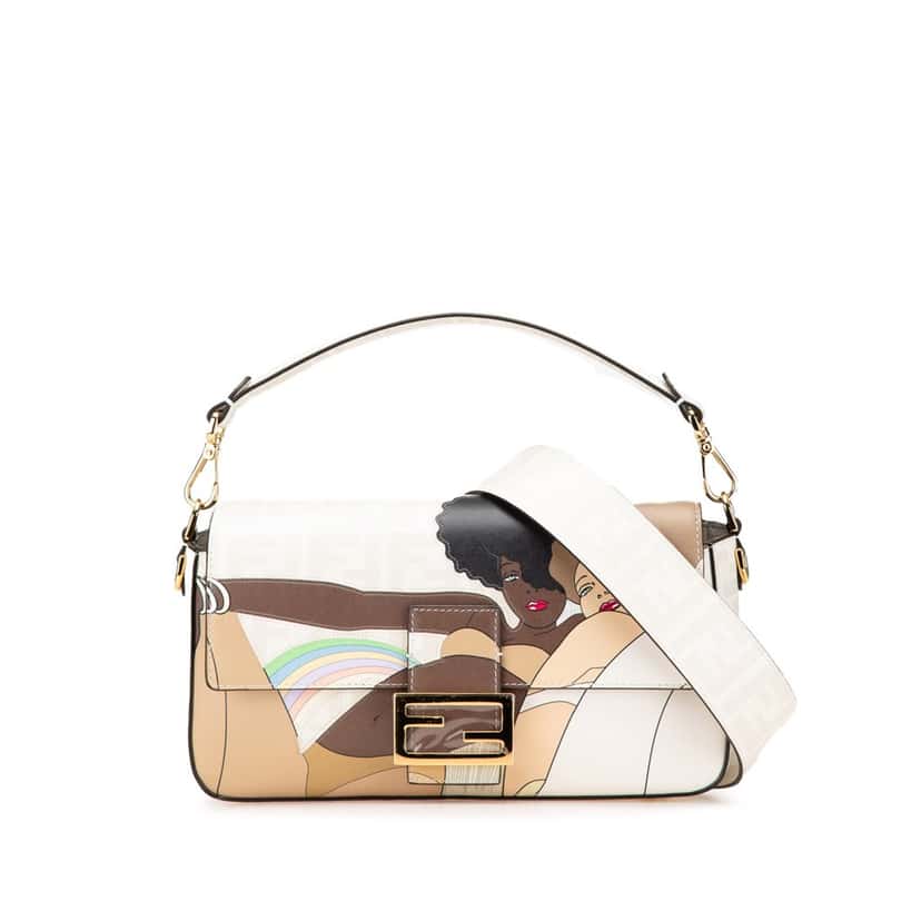 Fendi Zucca Graphic Print Coated Canvas Bikini Girls Baguette Satchel White Canvas Good condition - Front View