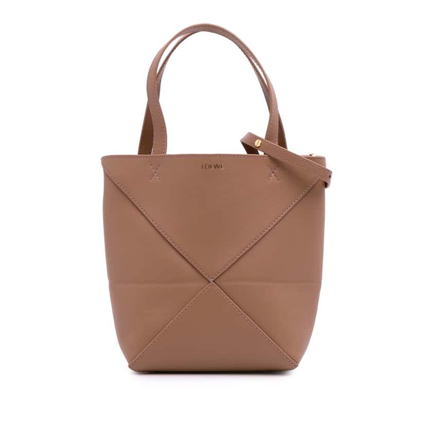 Loewe Mini Shiny Calfskin Puzzle Fold Tote Brown Leather Good condition - Front View