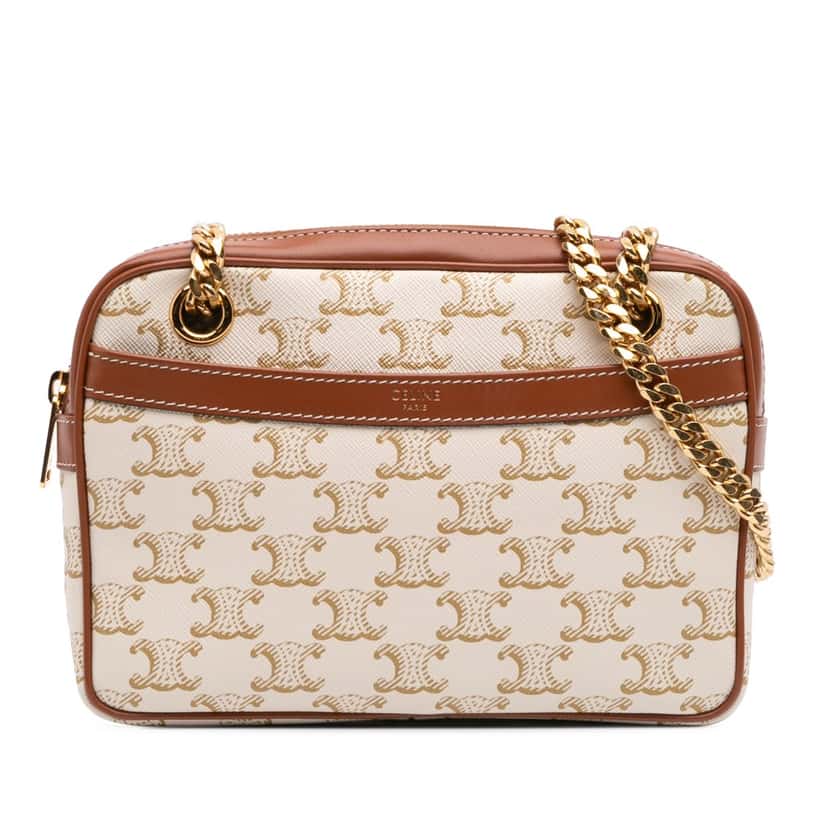 Celine Small Triomphe Coated Canvas Patapans Shoulder Bag White Canvas Good condition - Front View