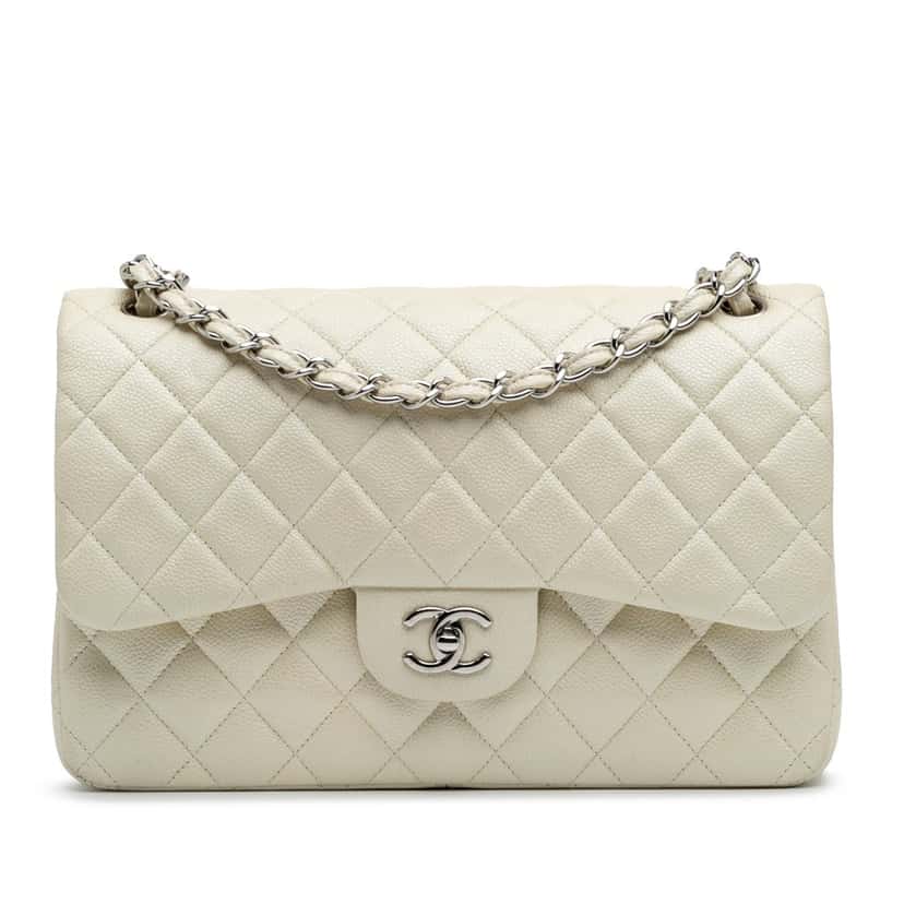 Chanel Jumbo Classic Caviar Double Flap White Leather Good condition - Front View