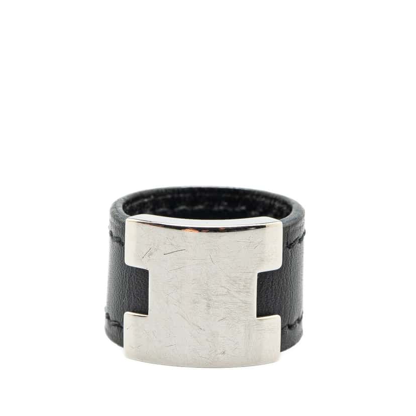 Hermès Leather and Palladium Plated Lurie Ring Black Leather Good condition - Front View