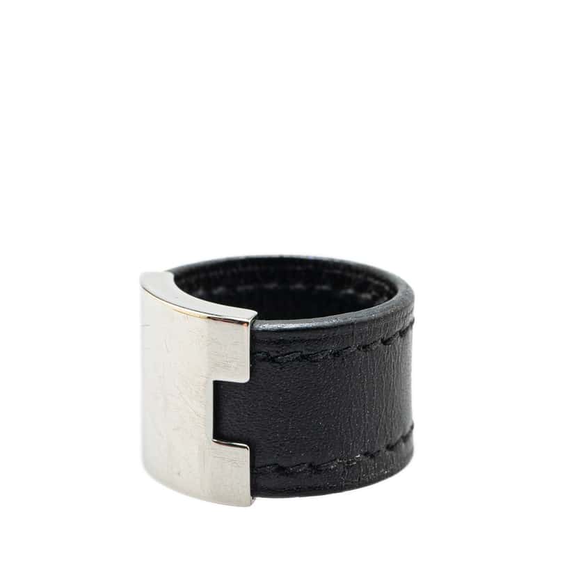 Hermès Leather and Palladium Plated Lurie Ring Black Leather Good condition - Back View