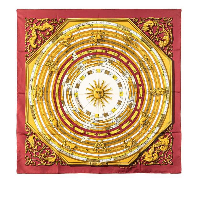Hermès Astrologie Dies et Hore Silk Scarf 90 Red Silk Good condition - Front View