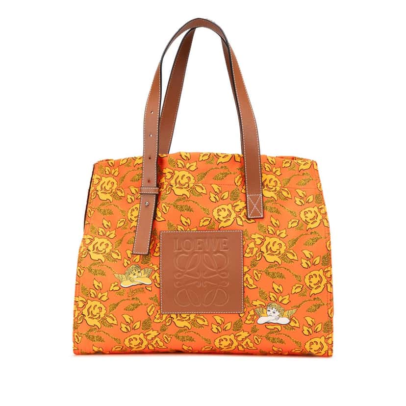 Loewe Paulas Ibiza Canvas Floral Print Tote Orange Canvas Good condition - Front View