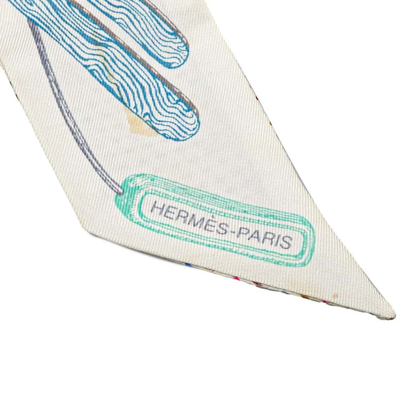 Hermès Chevaloscope Neon Embroidered Silk Twilly Scarf White Silk Good condition - Back View
