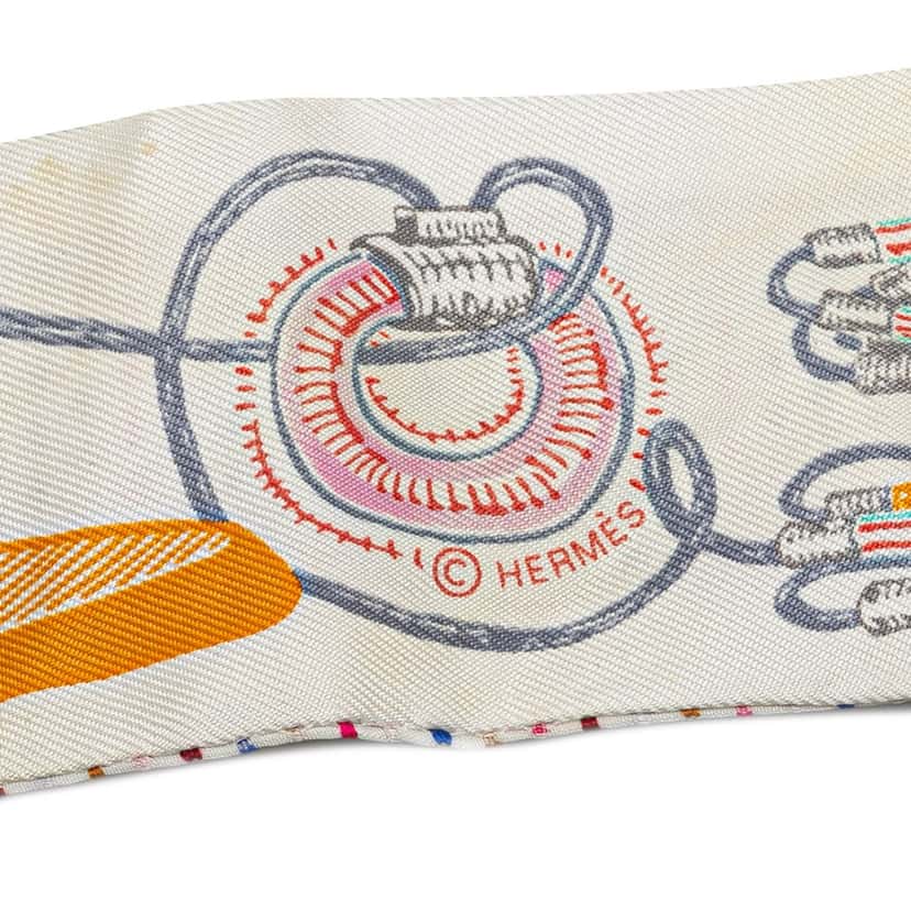 Hermès Chevaloscope Neon Embroidered Silk Twilly Scarf White Silk Good condition - Model View