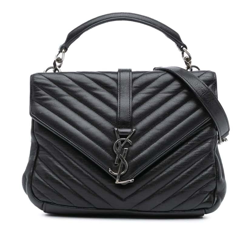 Saint Laurent Medium Quilted Chevron Sheepskin College Satchel Black Leather Good condition - Front View