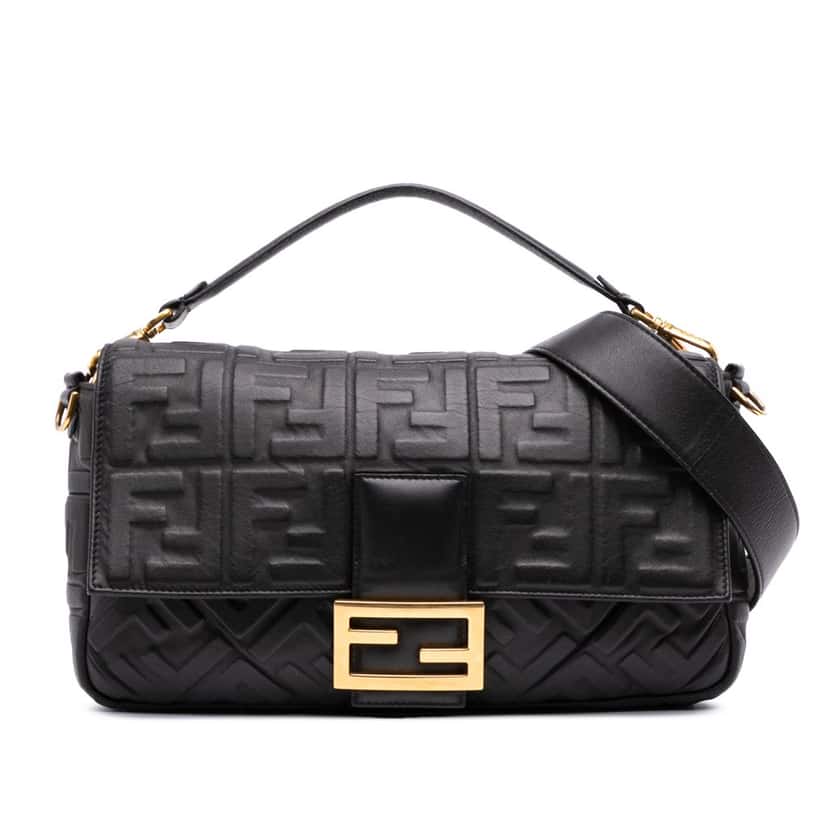 Fendi Large Zucca Embossed Leather Baguette Satchel Black Leather Good condition - Front View