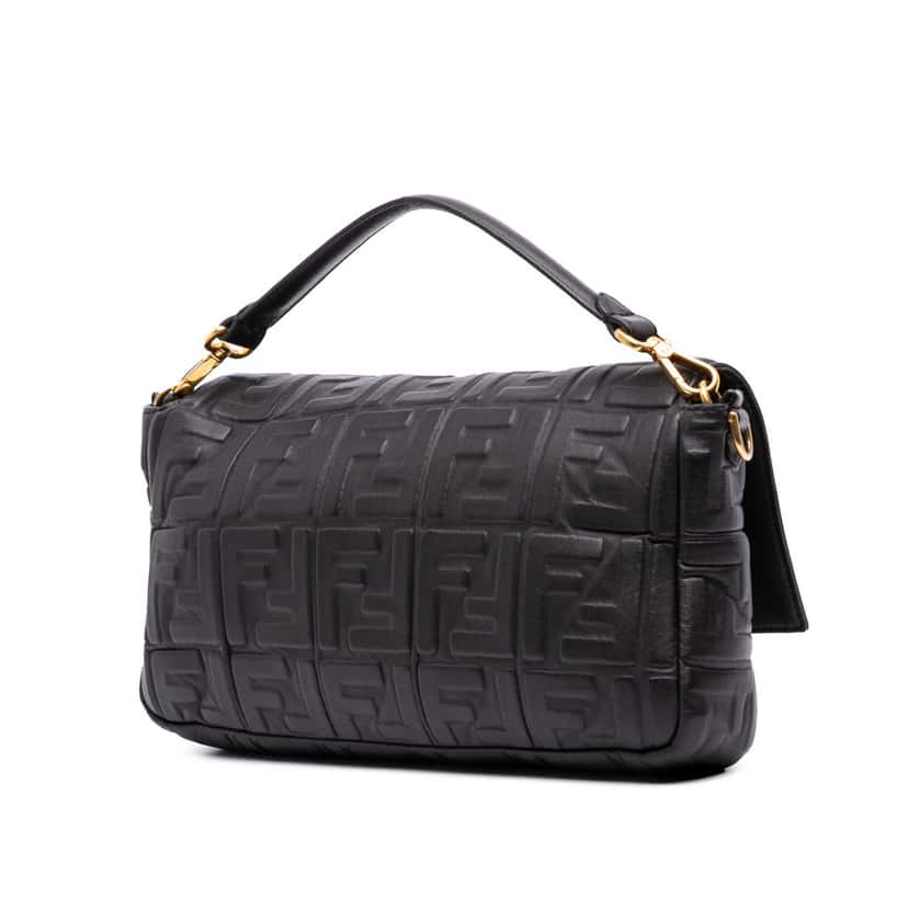Fendi Large Zucca Embossed Leather Baguette Satchel Black Leather Good condition - Back View