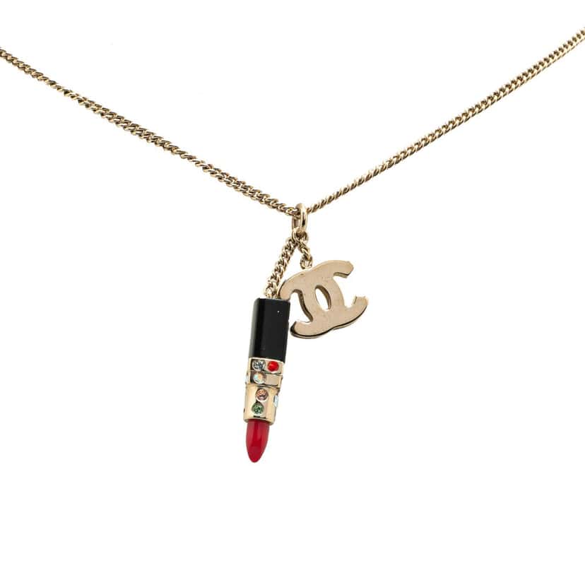 Chanel Gold Plated CC Lipstick Pendant Necklace Gold Metal Good condition - Front View