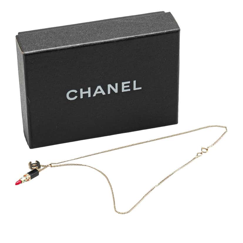 Chanel Gold Plated CC Lipstick Pendant Necklace Gold Metal Good condition - Model View