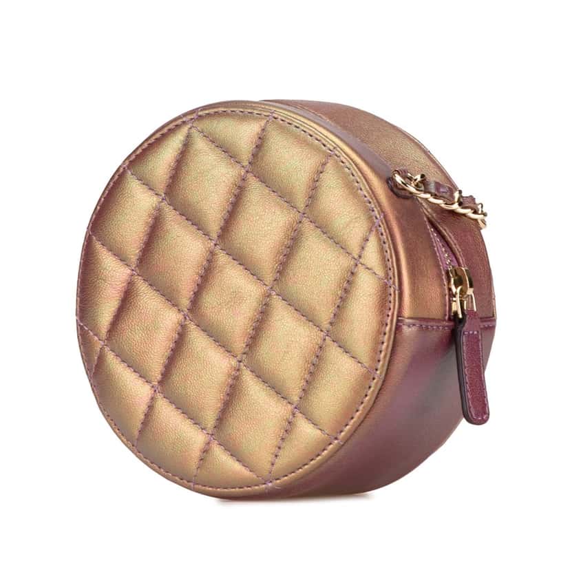 Chanel Quilted Iridescent Lambskin Round Clutch With Chain Purple Leather Good condition - Back View