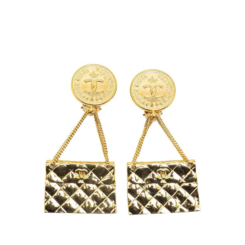 Chanel CC Gold Plated Flap Bag Drop Clip On Earrings Gold Metal Good condition - Front View