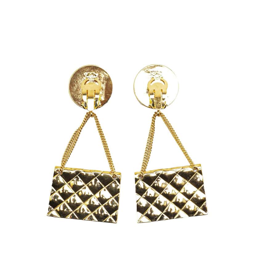 Chanel CC Gold Plated Flap Bag Drop Clip On Earrings Gold Metal Good condition - Back View