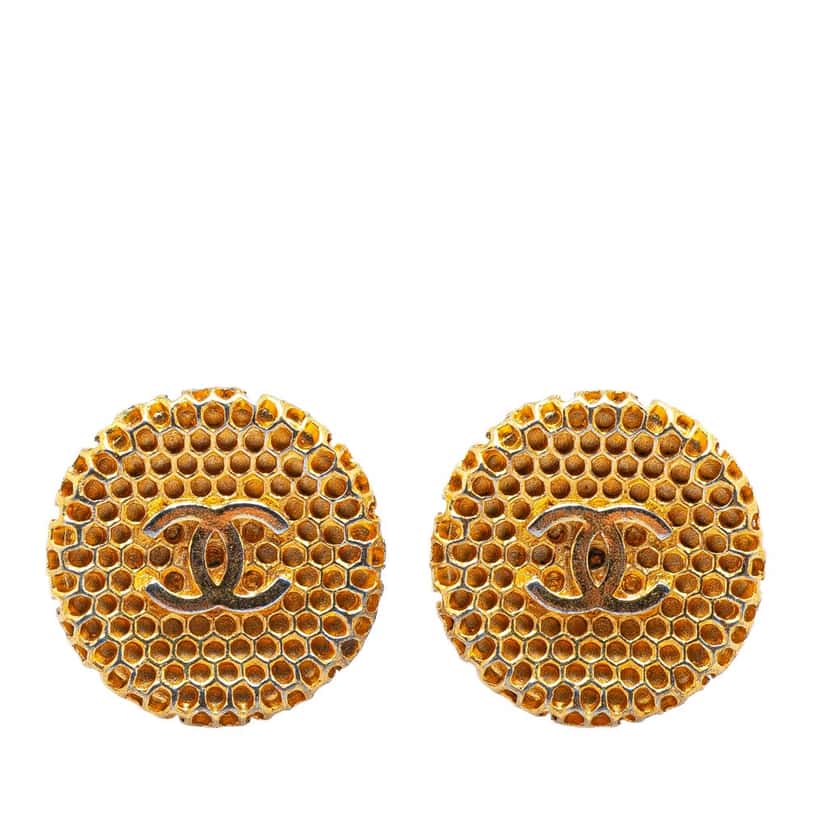 Chanel Gold Plated CC Honeycomb Clip on Earrings Gold Metal Good condition - Front View